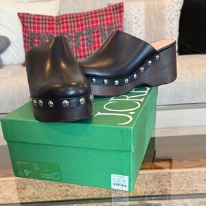 New in box! J. Crew Black Leather Clogs with Silver Accents